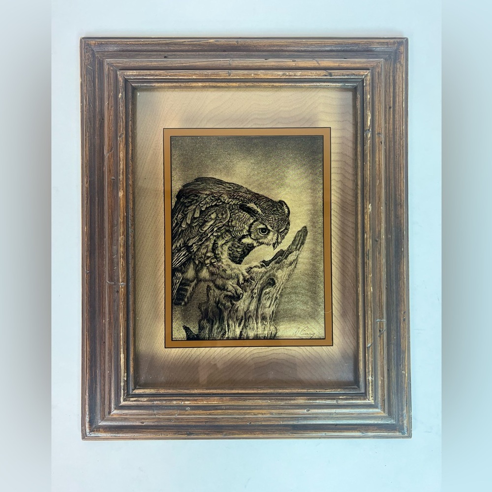 Vintage Horned Owl Wildlife Glass Lithograph by Dennis Curry Lucid Lines